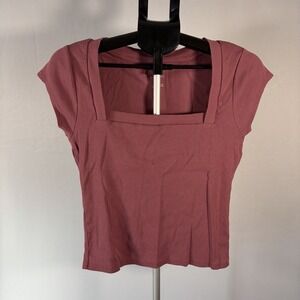 Pilcro Anthropologie Large Women's Pink Square Neck Ribbed Crop Cap Sleeve Shirt